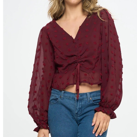 She + Sky Boho Blouse Womens Medium Burgundy Puff Long Sleeve Ruched Swiss Dot - Picture 1 of 8